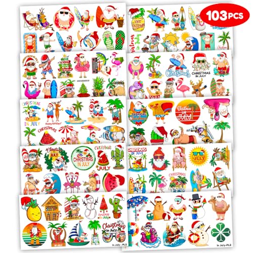 103 PCS Christmas Santa Summer Fun Temporary Tattoos Theme Birthday Party Supplies Favors Decor Decorations Beach Hawaii Hawaiian Xmas Aloha Tattoo Stickers Gifts For Kids Boys Girls School Prizes