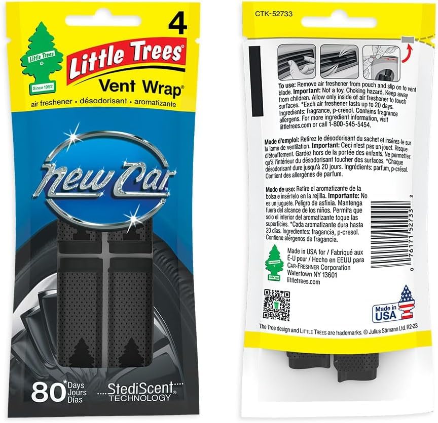 LITTLE TREES Car Air Freshener. Vent Wrap Provides Long-Lasting Scent, Slip on Vent Blade. New Car, 16 Air Fresheners, 4 Count (Pack of 4)