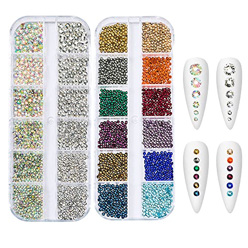 6Grids 3000Pcs Flatback Rhinestones, Champagne Color Nail Gems Crystals Jewels, Craft Glass Diamonds Stones Bling Rhinestone with Tweezers and Picking Pen for Nail Face Makeup(1.8mm~4mm Crystal)