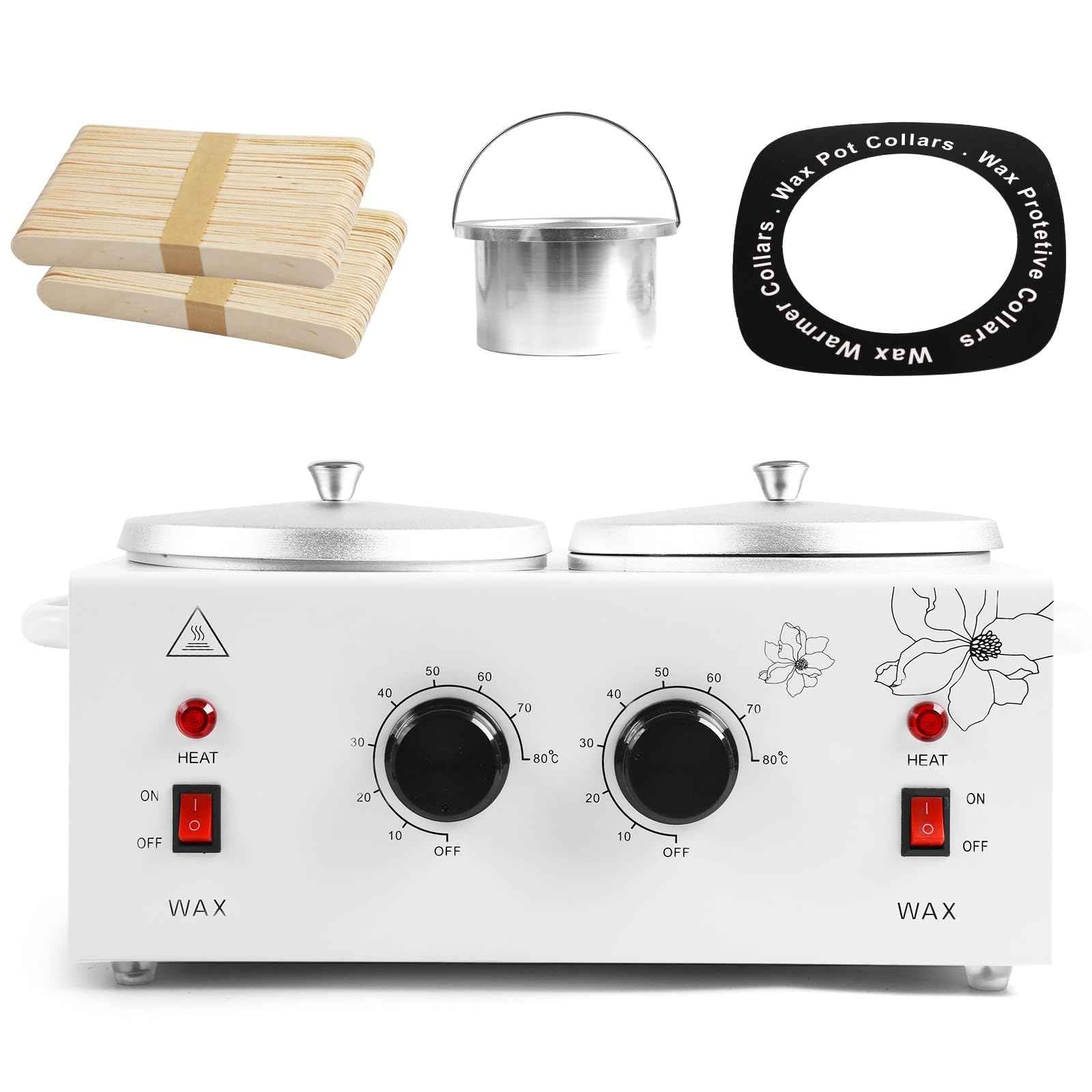 1.2L Double Pot Wax Warmer, Electric Depilatory Heater Machine with Adjustable Temperature for Hair Removal & Facial Spa, Includes 40 Wax Sticks & 20 Collars