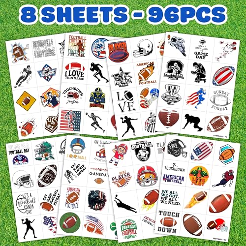 96PCS Football Pre-Cut Temporary Tattoos - Party Favors for Kids, Boys American Football Theme, Perfect for Birthday Parties, Classroom Prizes, Cheerleader & School Events Gifts