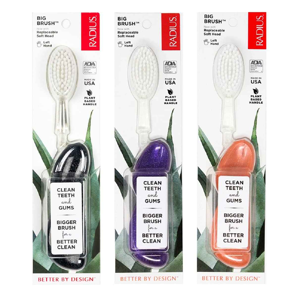 RADIUS Big Brush with Replaceable Head BPA Free & ADA Accepted Toothbrush Designed to Improve Gum Health & Reduce Gum Issues - Left Hand - Purple/Sea Shell/Midnight Sky - Pack of 3