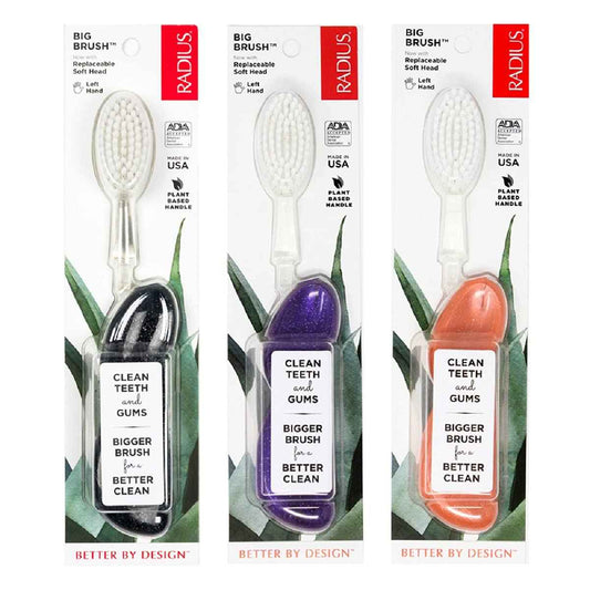 RADIUS Big Brush with Replaceable Head BPA Free & ADA Accepted Toothbrush Designed to Improve Gum Health & Reduce Gum Issues - Left Hand - Purple/Sea Shell/Midnight Sky - Pack of 3