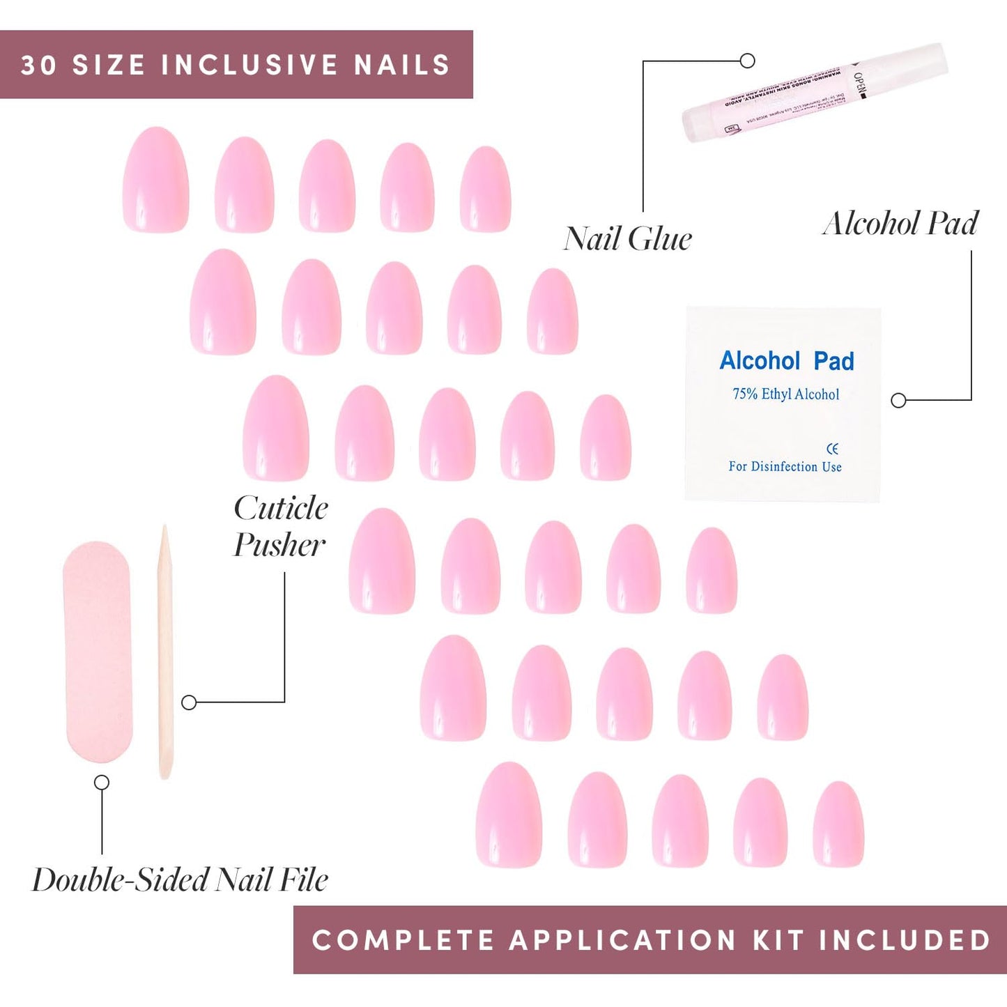 Glamnetic Press On Nails - Think Pink | Solid Opaque Light Pastel Pink Short Oval Nails, Reusable | 15 Sizes - 30 Nail Kit