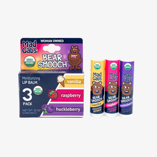 Mad Gab's Bear Smooch Assorted Lip Balm 3pk | Moisturizing and Certified Organic | Made with Organic Olive Oil and Beeswax