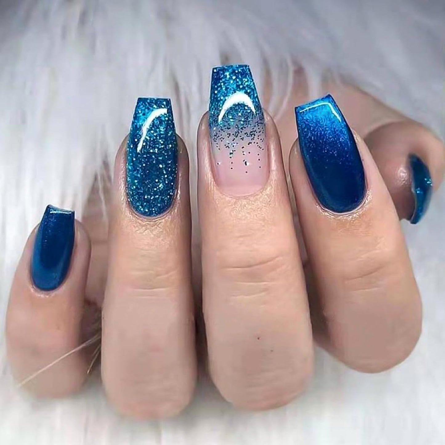 Sokfone Press on Nails Medium Coffin False Nails Blue Glitter Fake Nails Gradient with Design Stick Glue on Nails Full Cover Reusable Nail Decorations for Women 24Pcs