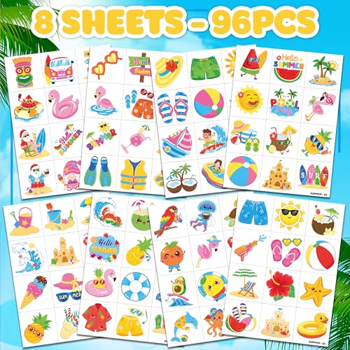 96 PCS Summer Beach Temporary Tattoos Kids Pool Party Favors