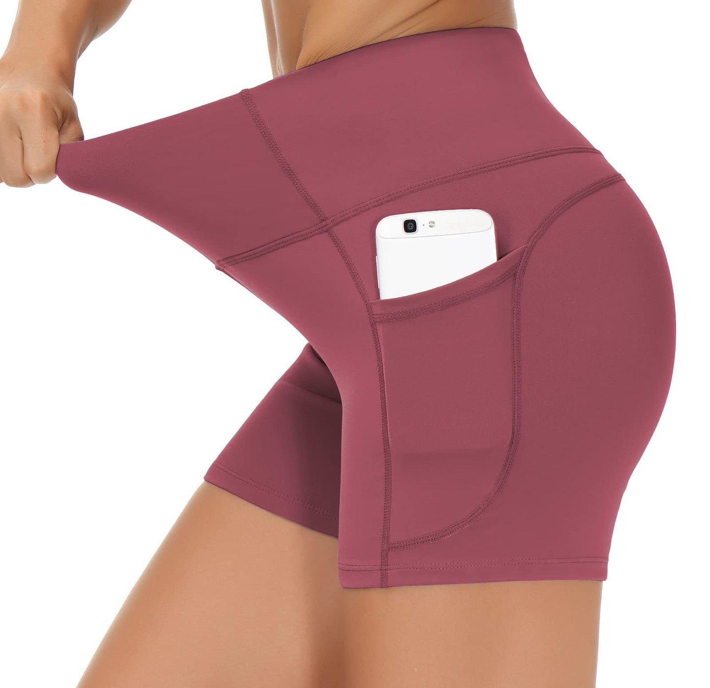 THE GYM PEOPLE High Waist Yoga Shorts for Women's Tummy Control Fitness Athletic Workout Running Shorts with Deep Pockets (Small, Rose Red)