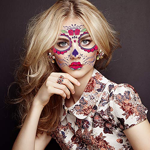 4 Kits Day of the Dead Sugar Skull Temporary Face Tattoo Makeup Tattoo for Men and Women with 1 Rose Red Flower Crown Headband for Halloween Costume