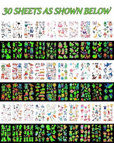 Glow in the Dark Temporary Tattoos, 30 Sheets Waterproof