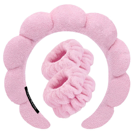 Spa Headbands for Washing Face Wristband Set Sponge Makeup Skincare Headband Wrist Towels Bubble Soft Terry Towel Cloth Hairband for Women Puffy Headwear Non Slip Thick Hair Headwear (Pink)