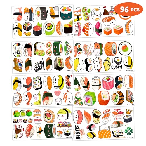 Sushi Temporary Tattoos 8 Sheets 96 PCS Sushi Roll Party Decorations Favors Supplies Japanese Theme Birthday Cute Stickers Christmas Gifts for Boys Girls Kids Class School Prizes Carnival