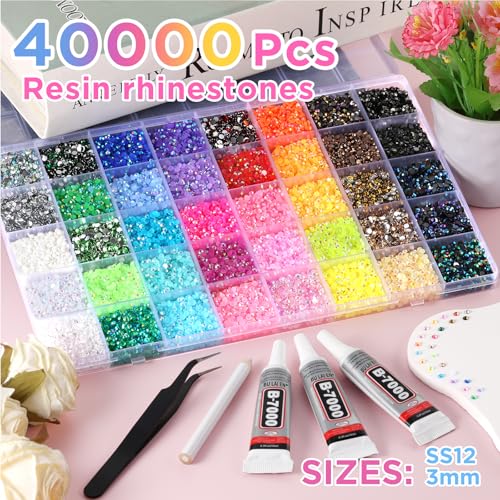 Zefy 40000 Resin Rhinestones 40 Colors 3mm Flatback Gems Bedazzling Kit
