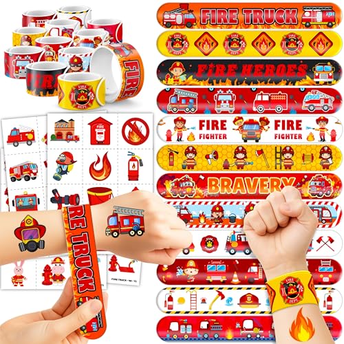 72-Piece Fire Truck Party Favors Set - Tattoos & Slap Bracelets