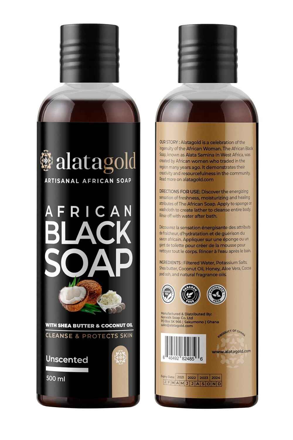 AlataGold African Black Soap Liquid Body Wash (Pack of 2) – Moisturizing Black African Soap with Shea Butter, Aloe, Honey & Coconut Oil – Deep Cleansing & Hydrating – 16.9 oz (Unscented)