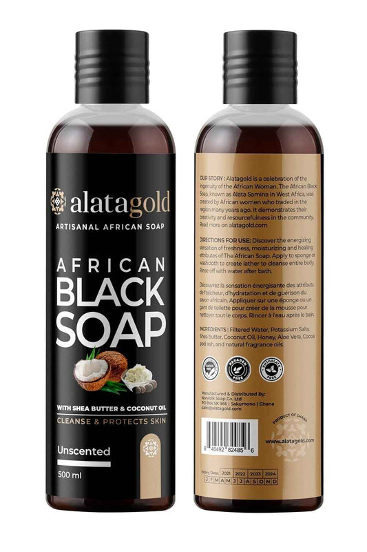 AlataGold African Black Soap Liquid Body Wash (Pack of 2) – Moisturizing Black African Soap with Shea Butter, Aloe, Honey & Coconut Oil – Deep Cleansing & Hydrating – 16.9 oz (Unscented)