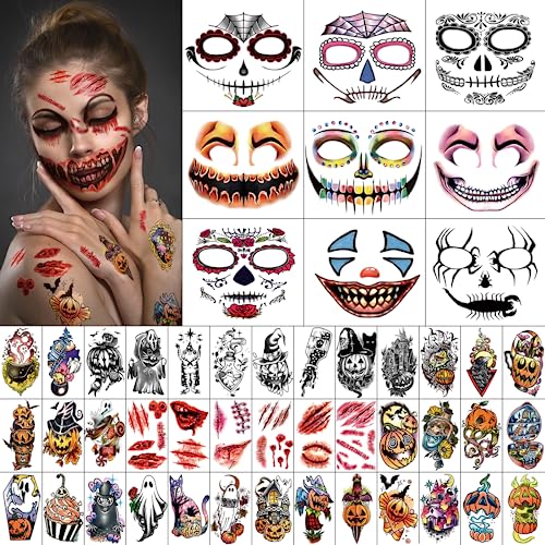50 PCS Halloween Face Tattoos - Scary Horror & Costume Stickers