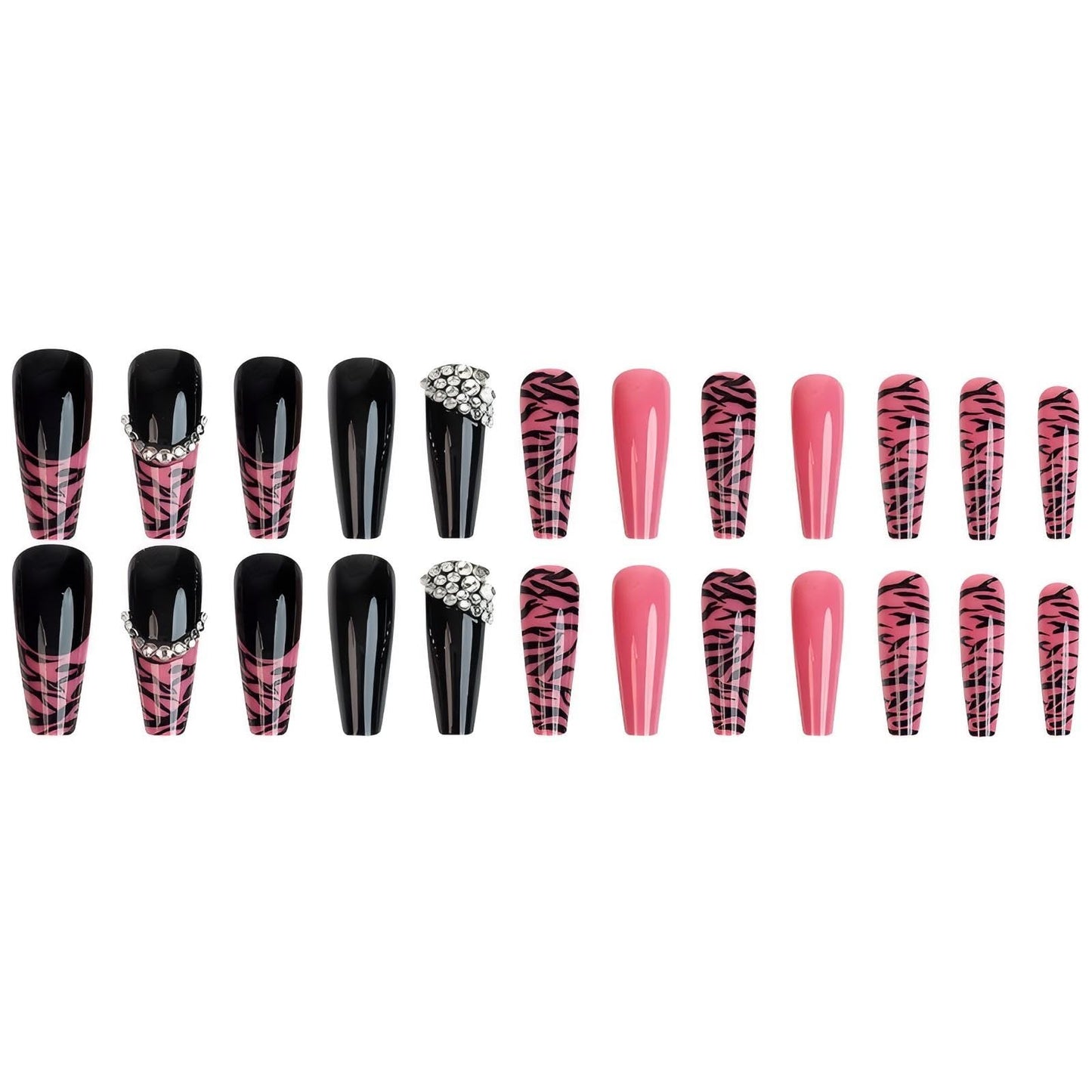 Rchovsam Pink Extra Long Coffin Press on Nails French Zebra Print Fake Nails Pink Black with Diamond Design False Nails Acrylic Arificial Stick on Nails Full Cover Gel Nails Gift for Womens 24pcs