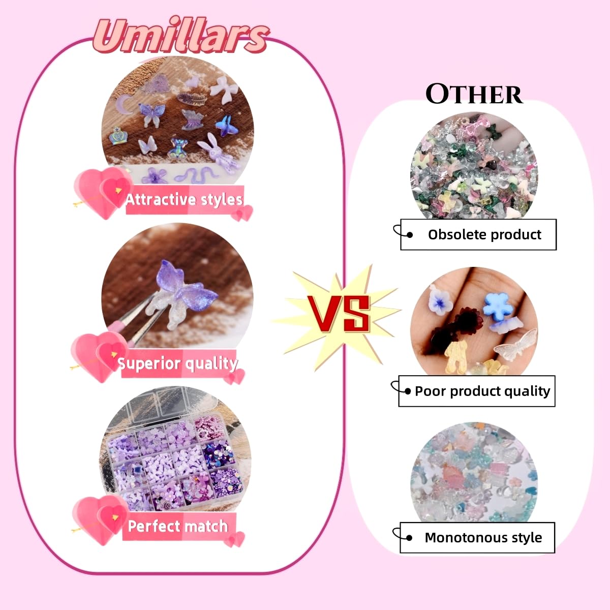 Umillars 400pcs Butterfly Bow Bear Snake Rabbit Moon Heart Rose Flowers Nail Art Charms with 450pcs Special Shape Flatback Rhinestones and Polymer Slices for Nail Art Designs (Purple)