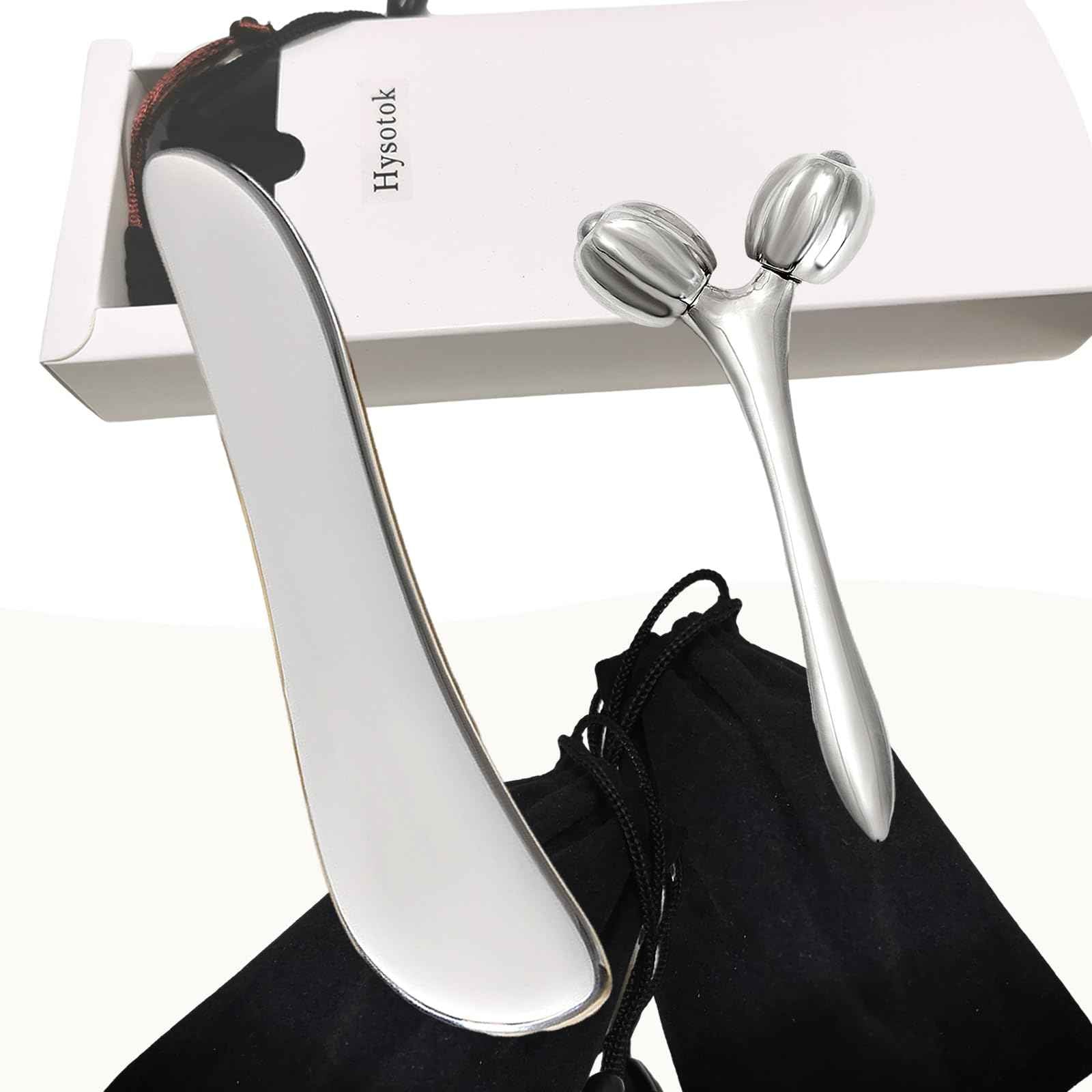 Hysotok Face & Body Massager - Stainless Steel Guasha Set for Wrinkle Reduction, Chin Lift & Skin Tightening (Silver)