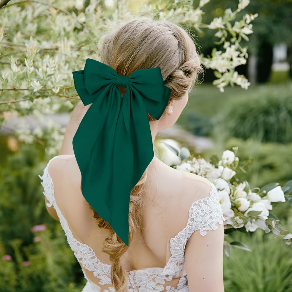 Black Bow Set for Women and Girls - Satin Hair Bows, Ribbon Hair Bows, Hair Clips, and Barrettes in Green (2pcs Large)