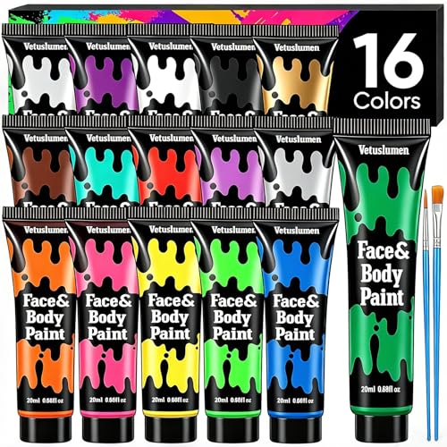 16 Color Face Paint Set - Water Based Washable Makeup with Brushes