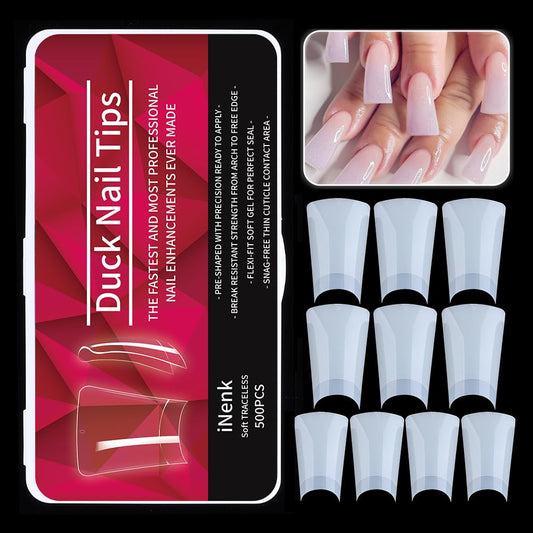 INENK Long Duck Fan Flare Nail Tips, 500PCS Clear Natural Crystal Duck Feet Styel for Wide French False Nail Extension, Half Cover Acrylic Nails Professional for Y2K-inspired Designs(10 Size Natural)