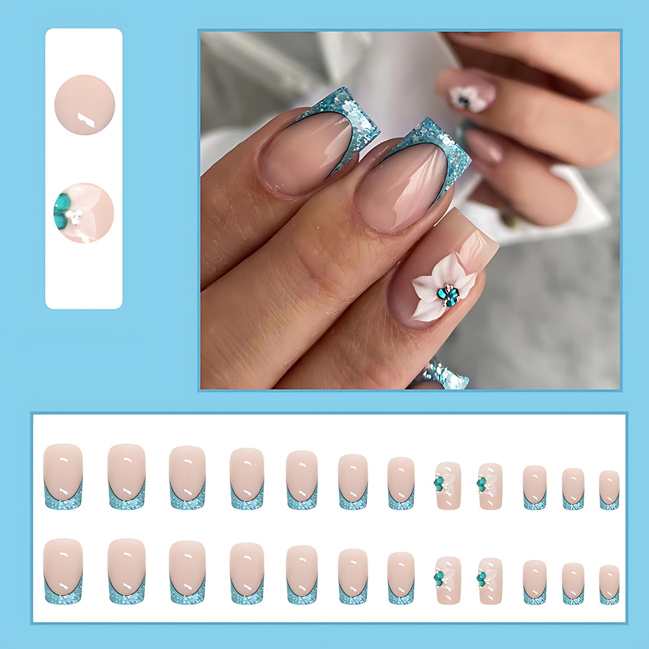 Nude Short Fake Nails Square Press on Nails with French Tip Blue Glitter Designs 3D Flower Glue on Nails Short Acrylic Press on Nails for Women Girls 24Pcs (Spring Summer)