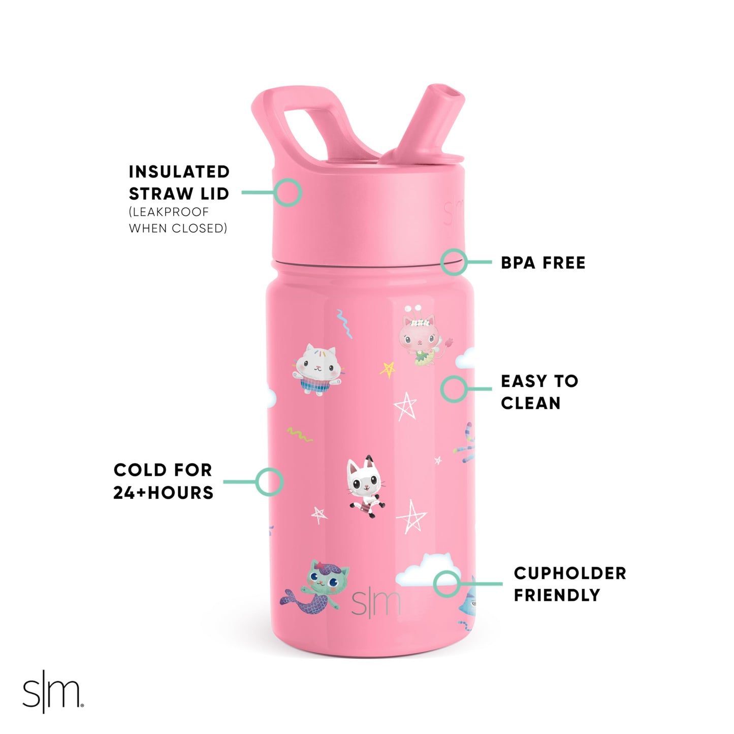 Simple Modern Gabby's Dollhouse Kids Water Bottle with Straw Lid | Reusable Insulated Stainless Steel Cup for Girls, School | Summit Collection | 14oz, Kitty Starry Skies