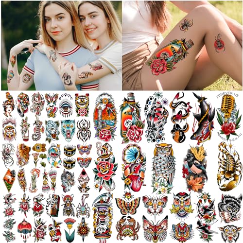 Waterproof Temporary Tattoos for Men Women Kids - 77 Sheets