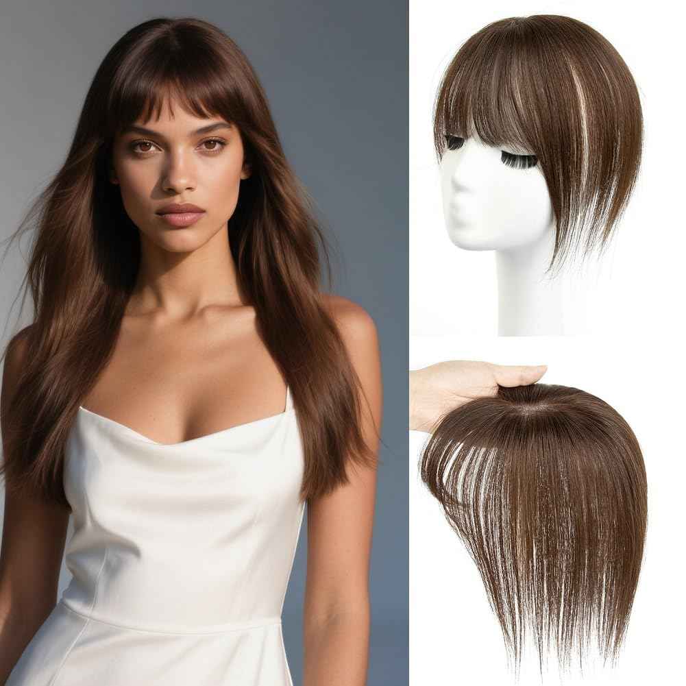 Uniferry Hair Toppers for Women Real Human Hair 12inch 13x14cm(5.1x5.5inch) Swiss Base 360°3D With Thinning Upgrade Middle Part Clip in Wispy Bnags (Brown,French)