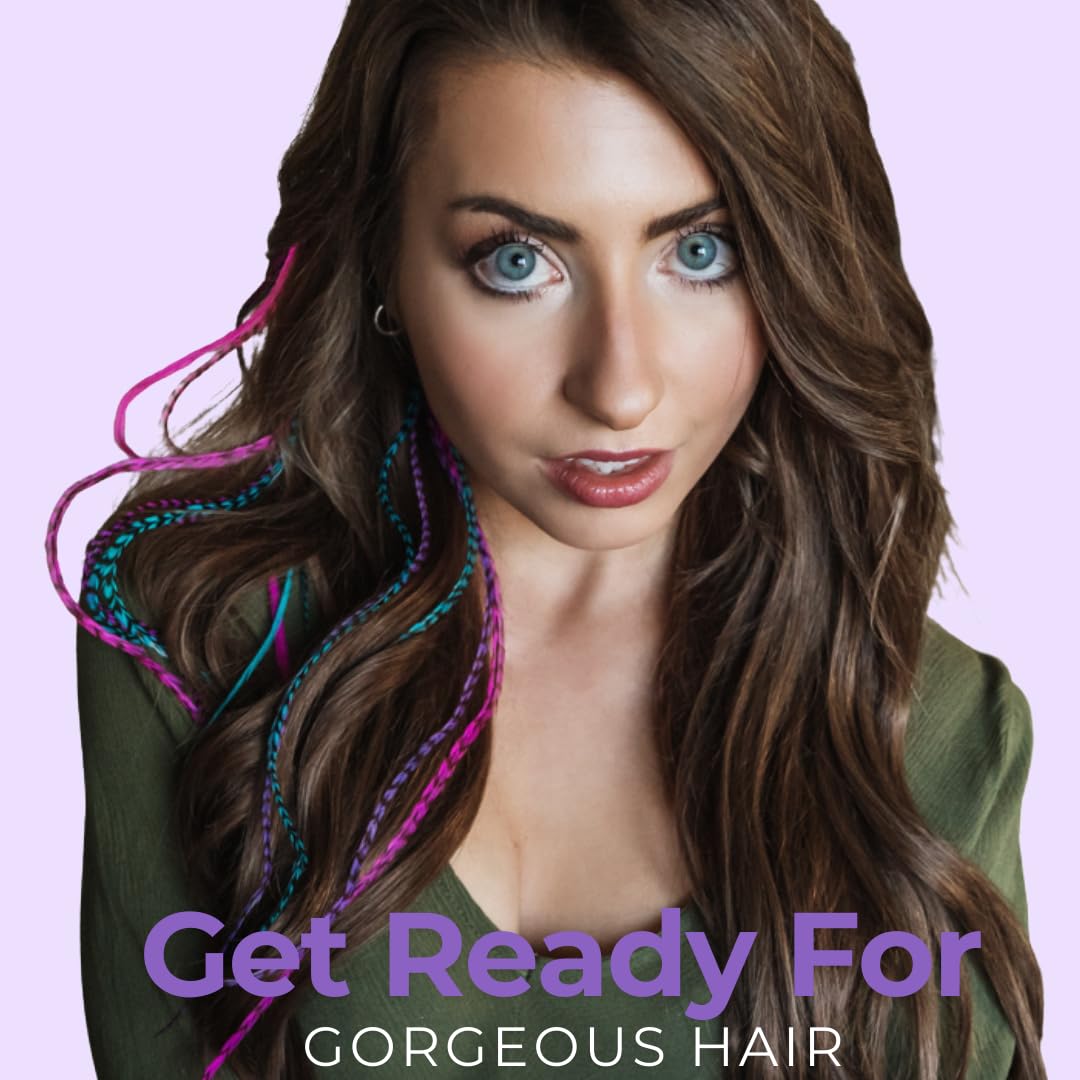 Hair Feathers Kit- Includes Feather Hair Extensions, in Long Pink, Purple, Blue Colors, Microlink Beads, Loop Tool and Pliers