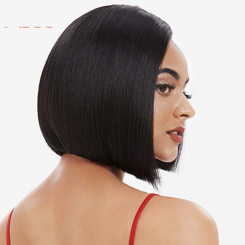 DÉBUT Synthetic Lace Front Wigs for Women, HD Lace Side Part Straight Bob Wig, Short Black Bob Heat Resistant Fibers 1B Color Asymmetrical 9.5 Inches