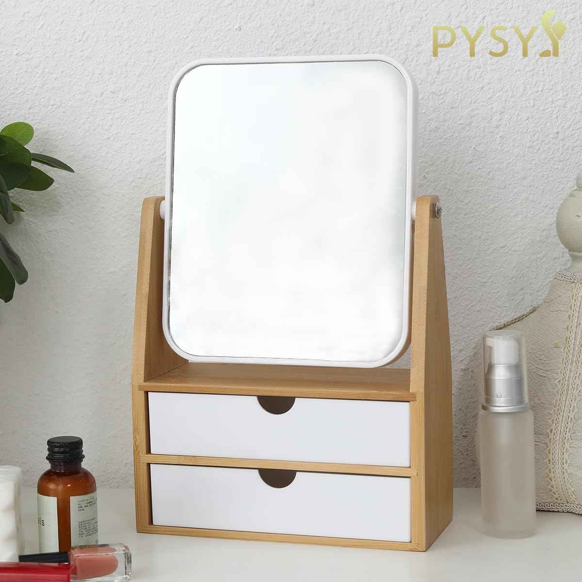 PYSYY 1x / 5X Magnifying Makeup Mirror, Jewelry and Cosmetics Storage Box with Double Drawers, Adjustable Natural Bamboo Stand, 360° rotatable Vertical Desktop Mirror (1, Rectangle)