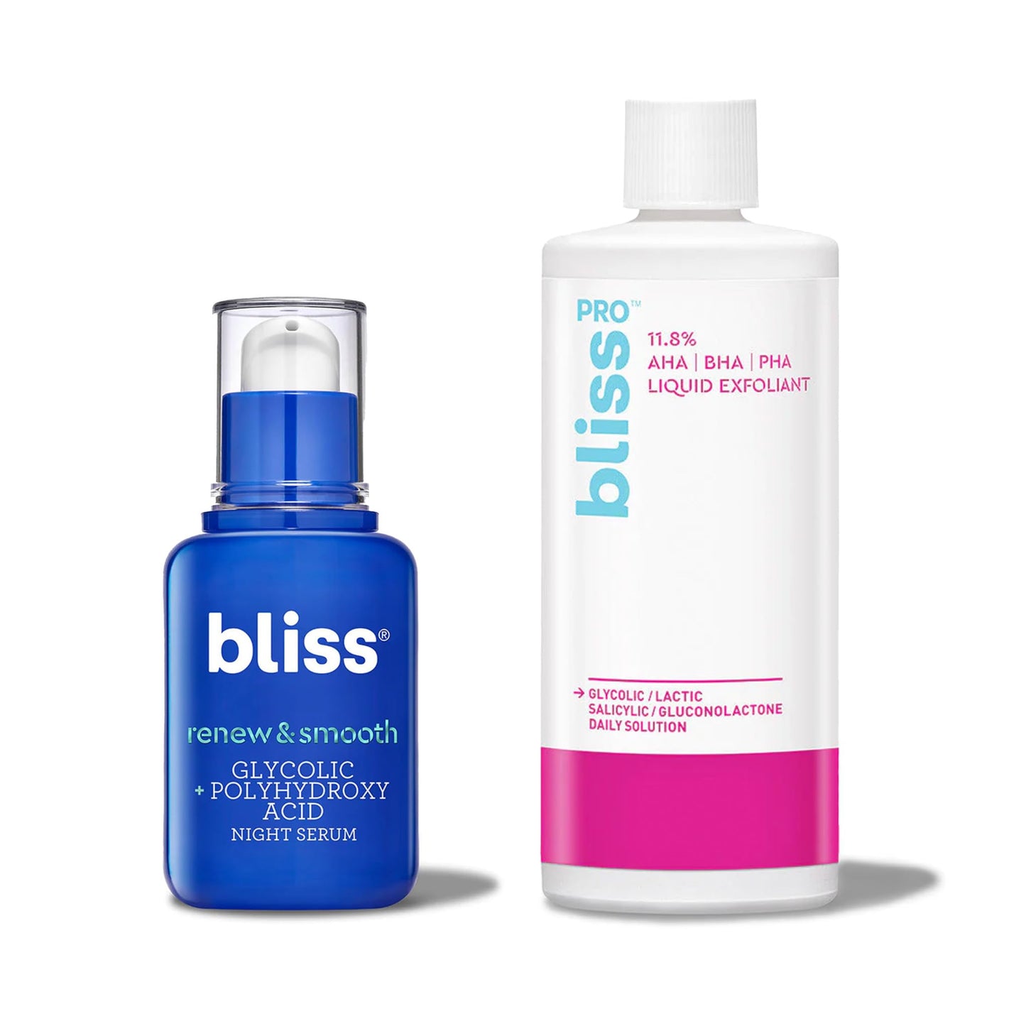 Bliss Renew & Smooth Face Serum & BlissPro Liquid Exfoliant- Nightly Use AHA Glycolic serum & Exfoliating Treatment- Exfoliate, Brighten, and Smooth Skin - Vegan & Cruelty-Free