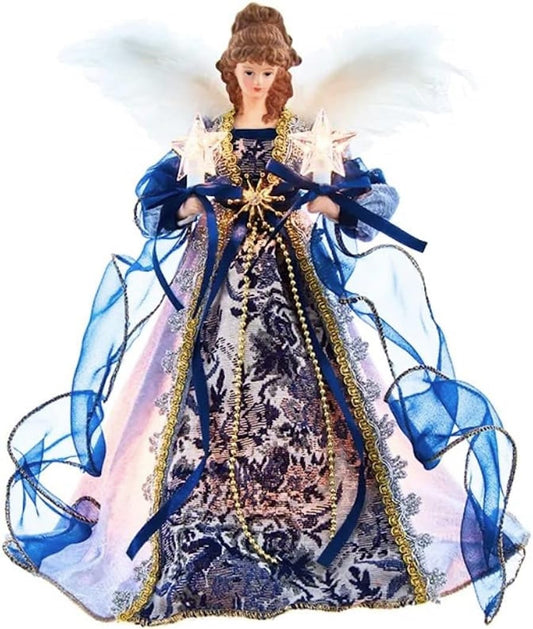 The Bridge Collection Elegant Blue & Gold Light-Up Angel Tree Topper - Lighted Angel Christmas Tree Topper for Holiday Decor - Treetop Angel Decor