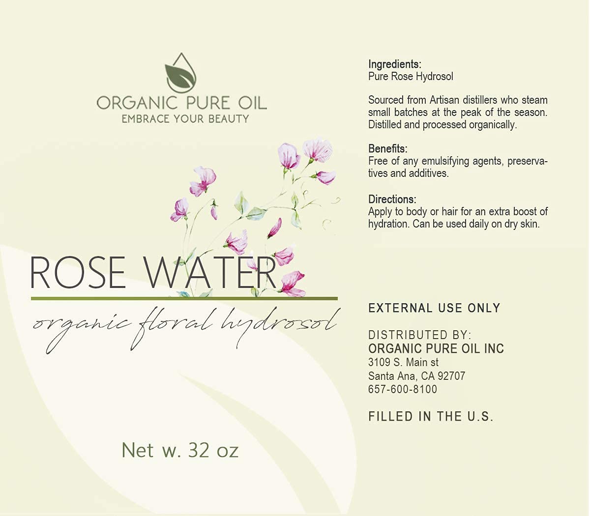 32 oz Rose Hydrosol Water – 100% Pure Rosewater Spray Mist Bulk – Hydrating Face Toner Rose Water for Skin and Hair Linen Spray for Sheets Room Freshener Body Spray Refill by Organic Pure Oil