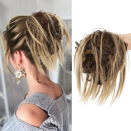 KETHBE Messy Bun Hair Piece,Synthetic Tousled updo Hair Buns Hair Piece Short Ponytail Faux Hair Scrunchie Extension with Elastic Rubber Band Fake Hair Bun Pieces for Women (Brown Mix Ash Blonde)