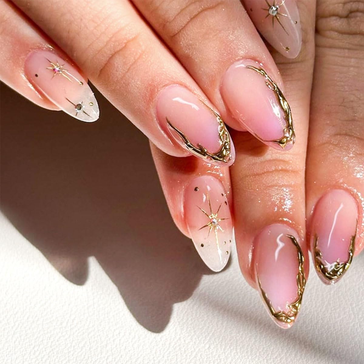 Almond French Tip Press on Nails Medium Fake Nails with Chrome Gold Star Rhinestone Designs Glossy Nude False Nails French Almond Shaped Glue on Nails Artificial Nails for Women and Girls 24Pcs