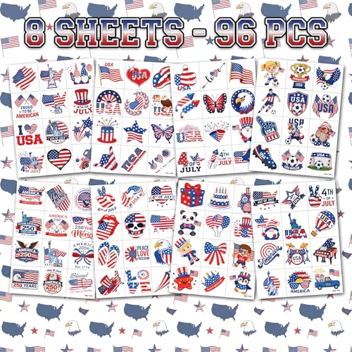 96 PCS USA Patriotic Temporary Tattoos for Kids | Fourth of July