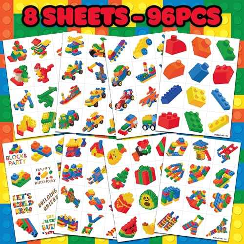 96 PCS Building Blocks Block Pre-Cut Temporary Tattoos for Kids | Super Cute Themed Birthday Party Favors, Supplies, Decorations, Fake Tattoo Stickers (Multiple)