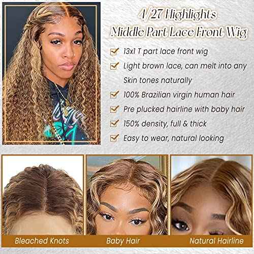 Blonde Highlights Human Hair Lace Front Wigs for Black Women Pre Plucked Hairline with Baby Hair 13x1 T Part Real Human Hair Lace Wigs Bleached Knots Chocolate Brown Mixed Caramel Blonde Wig 16 Inch