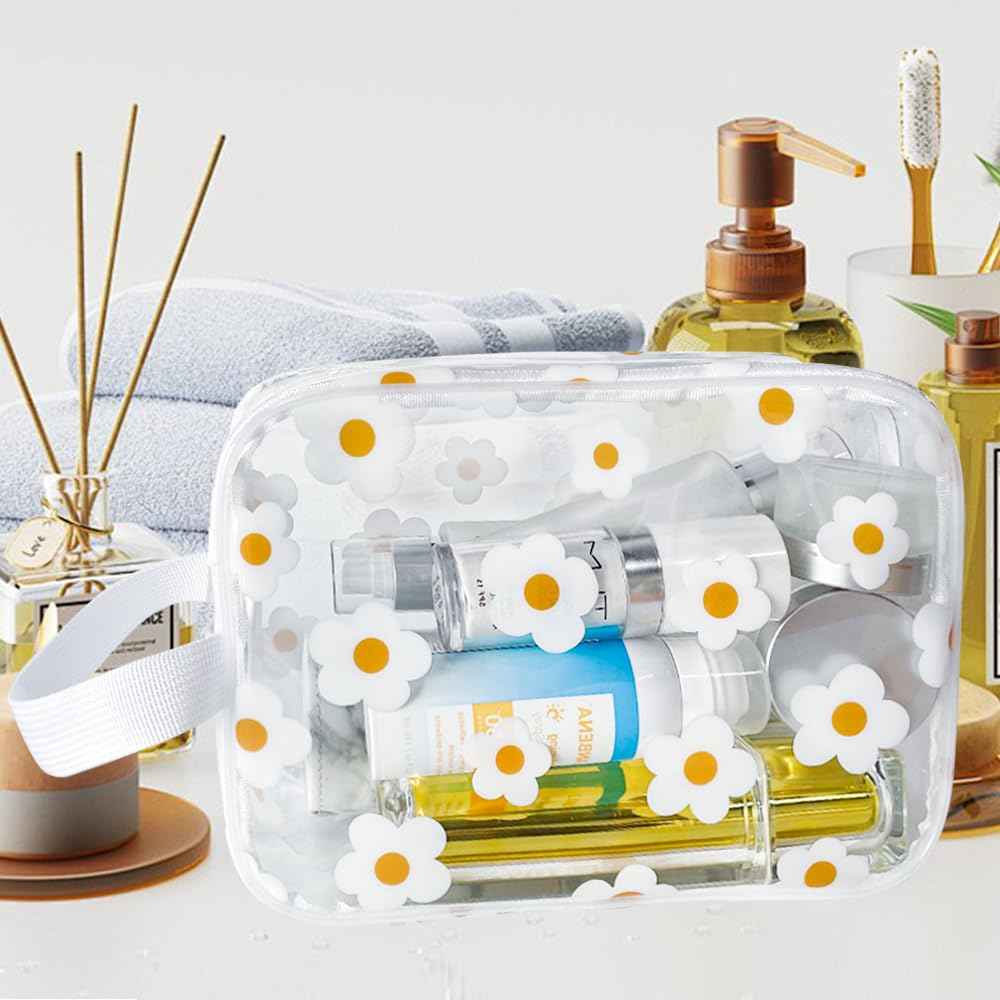 TotePrint Clear Daisy Printed Cosmetic Bag and Travel Pouch 9.4''x6.69''x3.5'' with Handle-Durable PVC Material,Versatile,Zipper Design for Smooth Sliding-Ideal for Makeup (White Floral#2-M)