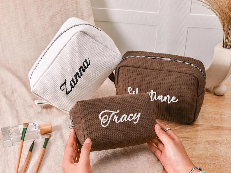 Personalized Embroidered Waffle Cosmetic Bag - Custom Makeup Pouch