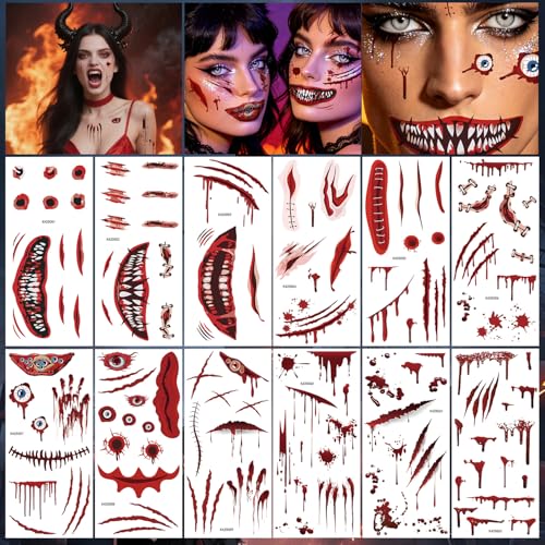 Halloween Wound Tattoos - 12 Sheets Fake Scars Waterproof