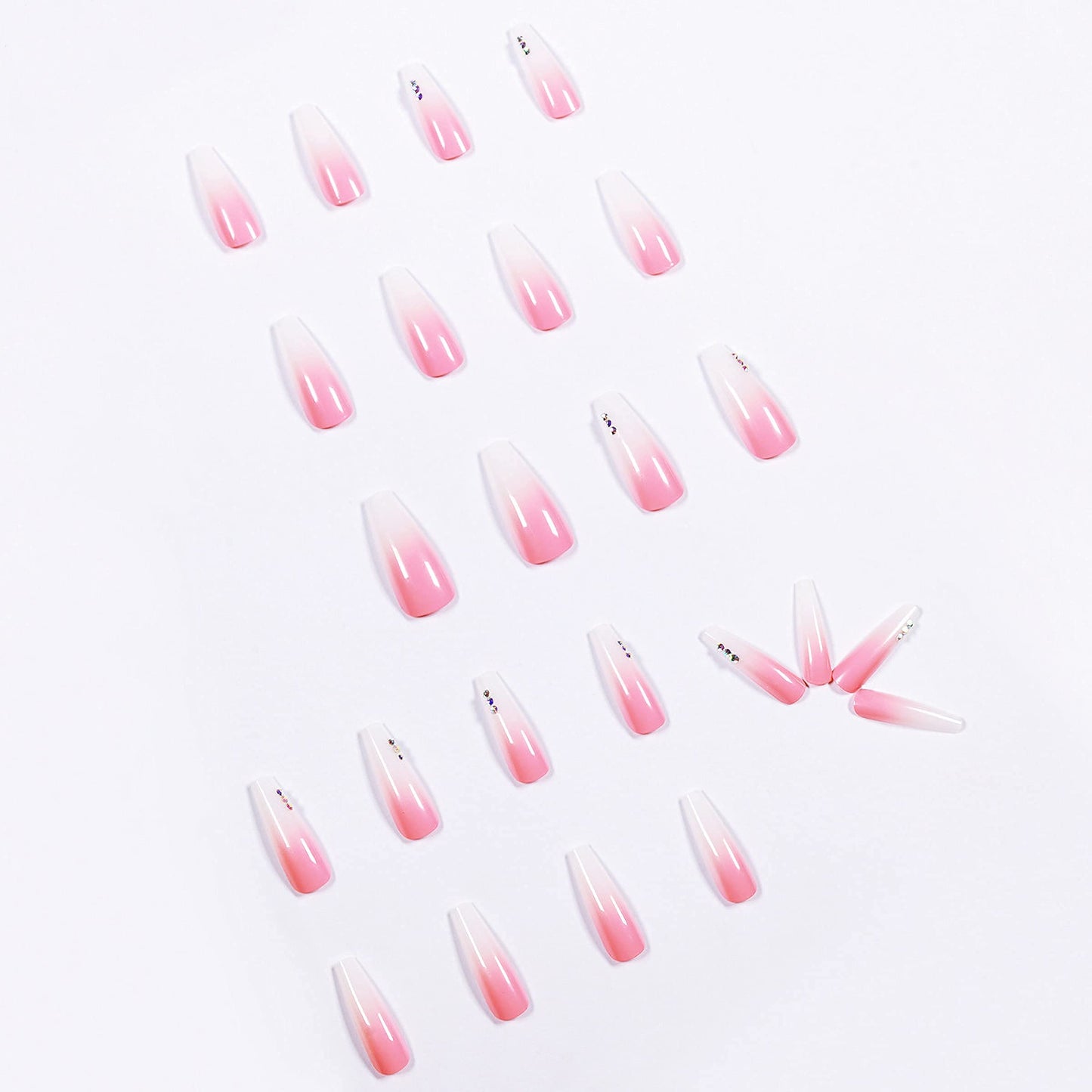 MISUD Extra Long Coffin Press On Nails Ballerina Fake Nails Glossy Glue on Nails Pink White Ombre Acrylic Nails Gradient Artificial Nails Rhinestone Stick on False Nails with Design 24 pcs