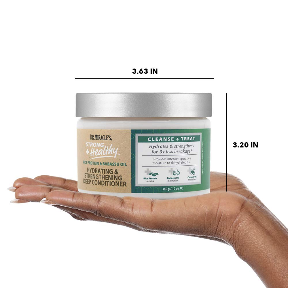 Dr. Miracle's Strong & Healthy Hydrating & Strengthening Deep Conditioner. Contains Coconut Oil to provide intense moisture and repair damaged hair.