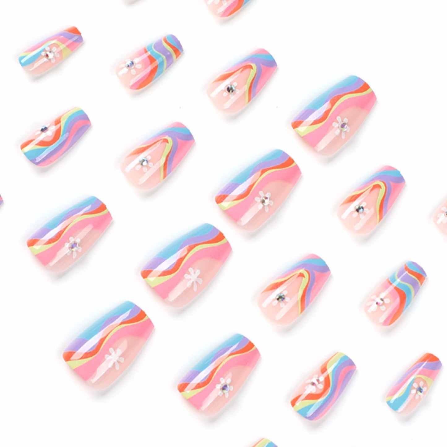 MERVF Coffin Press on Nails Medium Fake Nails Press ons Rainbow French Tip Glue on Nails Colorful Ballerina with Flower Design Glitter Summer Acrylic False Nails Glossy 24pcs