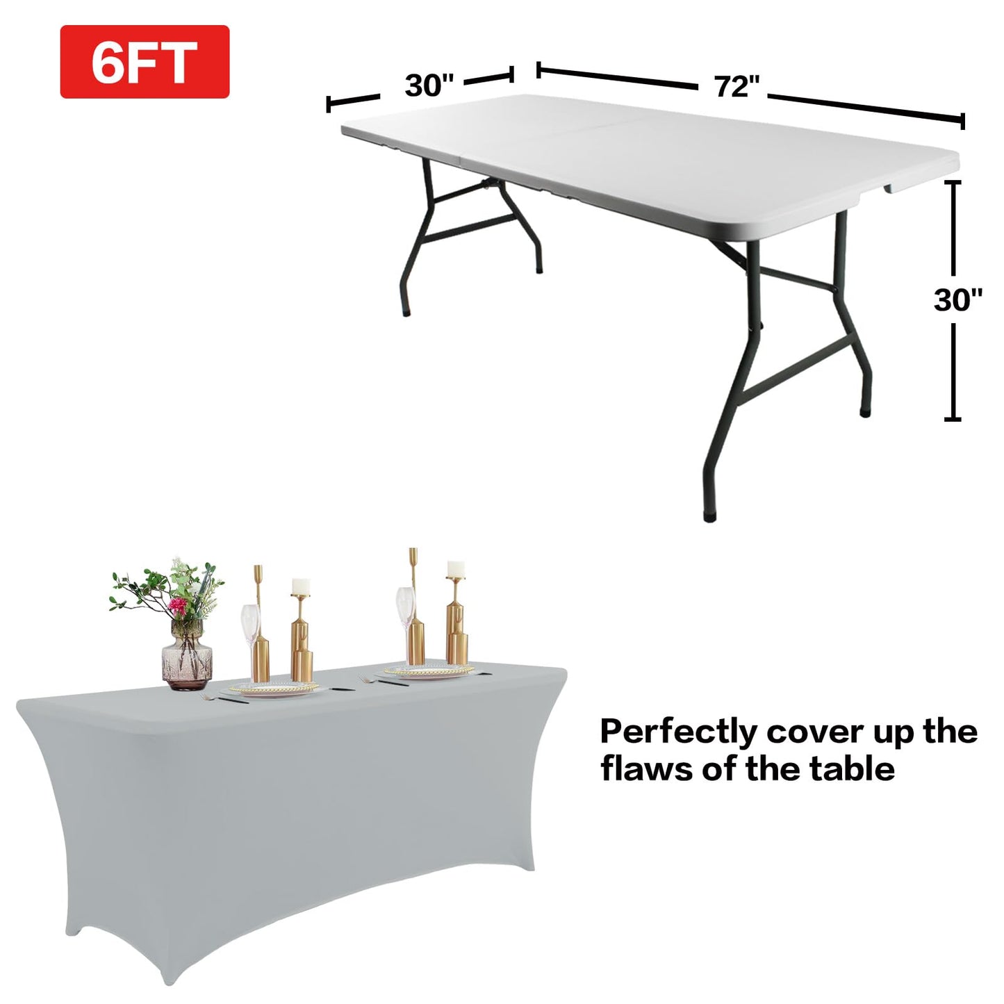 IVAPUPU 4FT Table Cloth for Rectangular Fitted Events Stretch Grey Table Covers Washable Table Cover Spandex Tablecloth Table Protector for Party, Wedding, Cocktail, Banquet, Festival