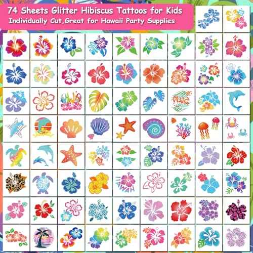Glitter Hibiscus Temporary Tattoos for Aloha Party Decoration - 74 Individually Sheets Glitter Hawaii Flower Tattoos for Kids Women Hawaiian Party Favors